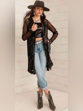 NWT STERLING & STITCH FRINGE MESH KIMONO DUSTER